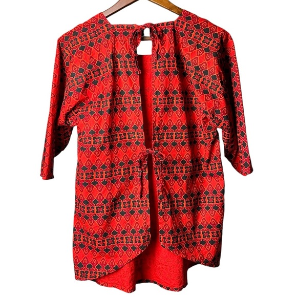 Vintage RAMA Thailand Size Large Thai Cotton Tie Back Half Sleeve Blouse Print - Picture 2 of 16